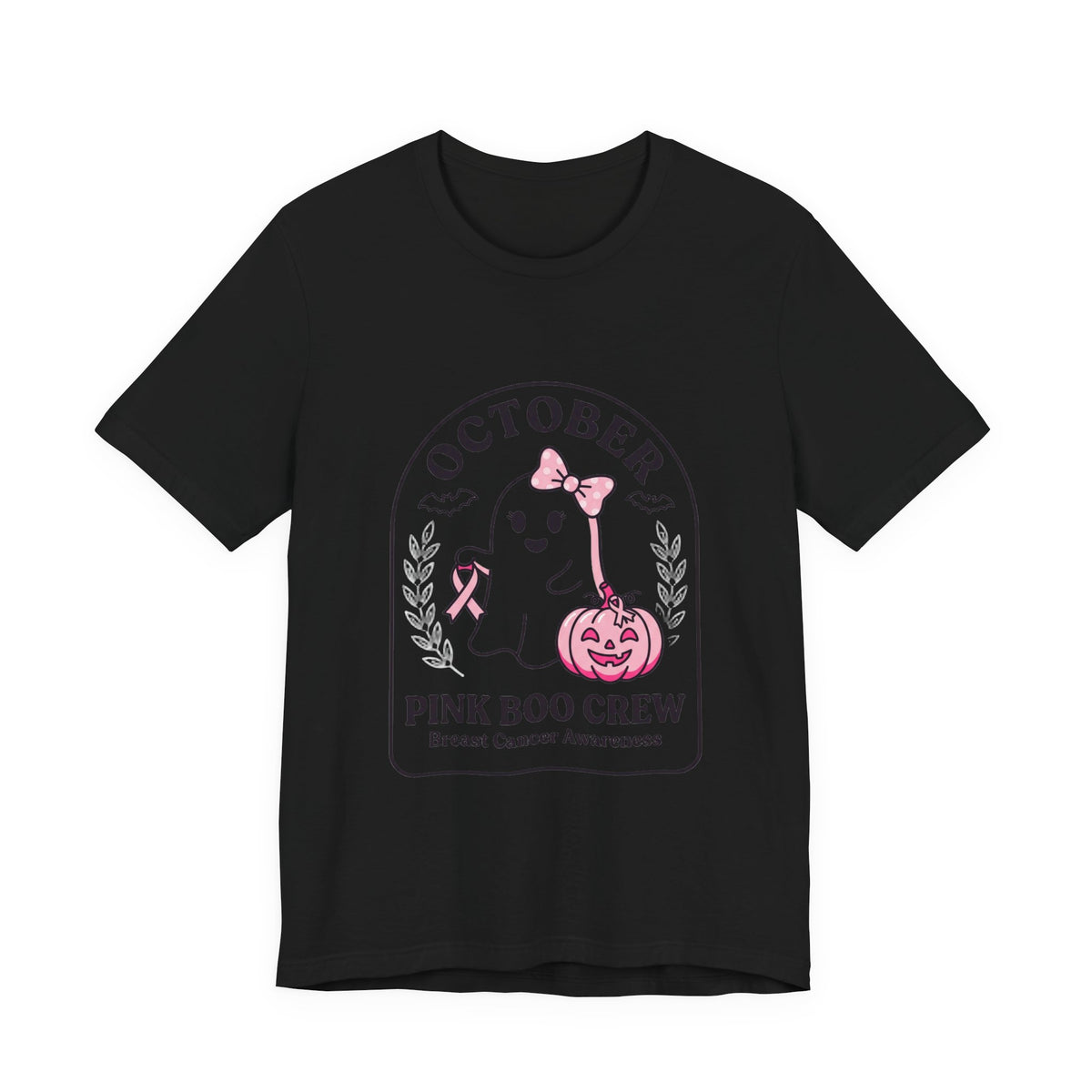 Pink Boo Crew October Ghost T-Shirt | Breast Cancer Awareness Ribbon