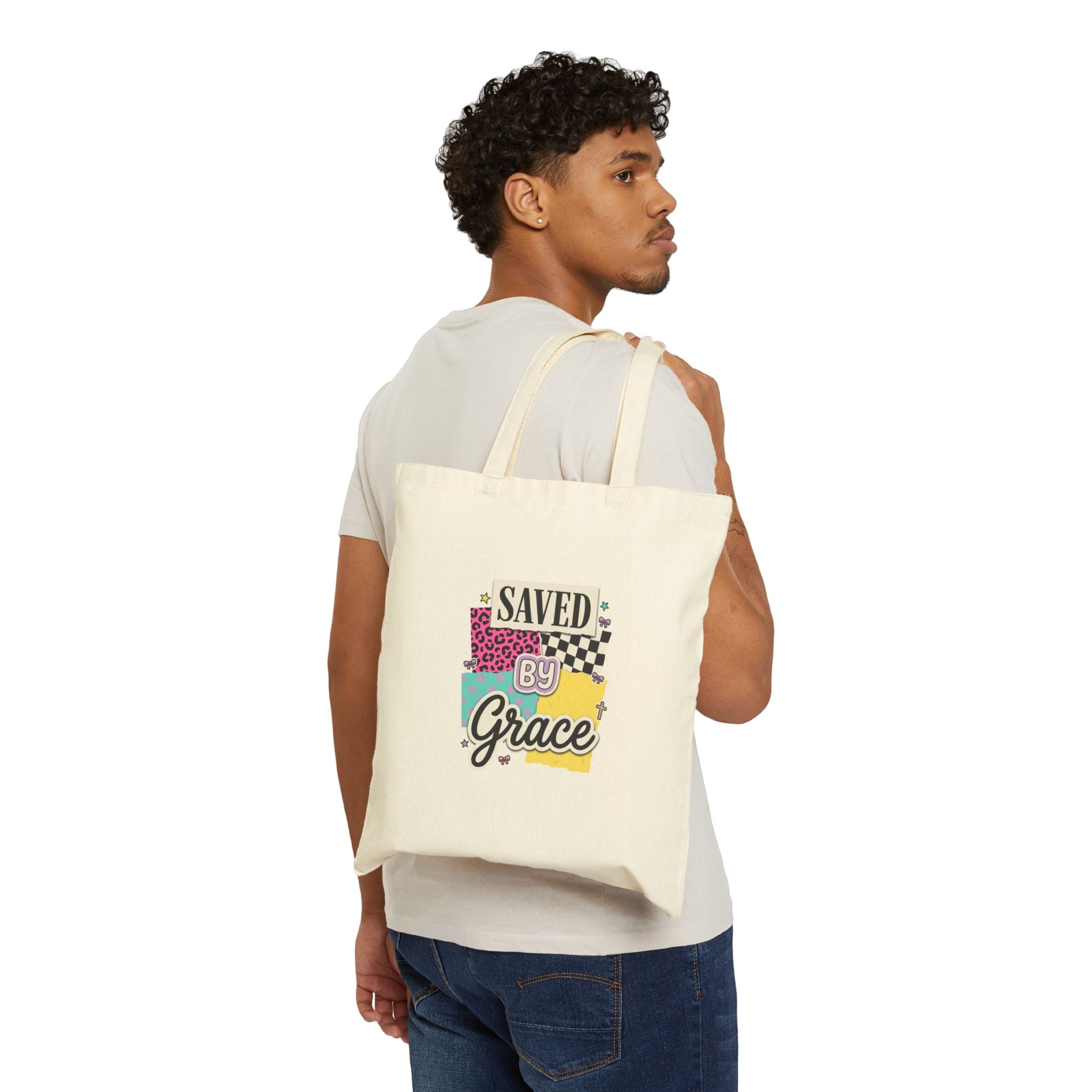 Saved by Grace Tote | Christian Faith Rainbow Scripture Design