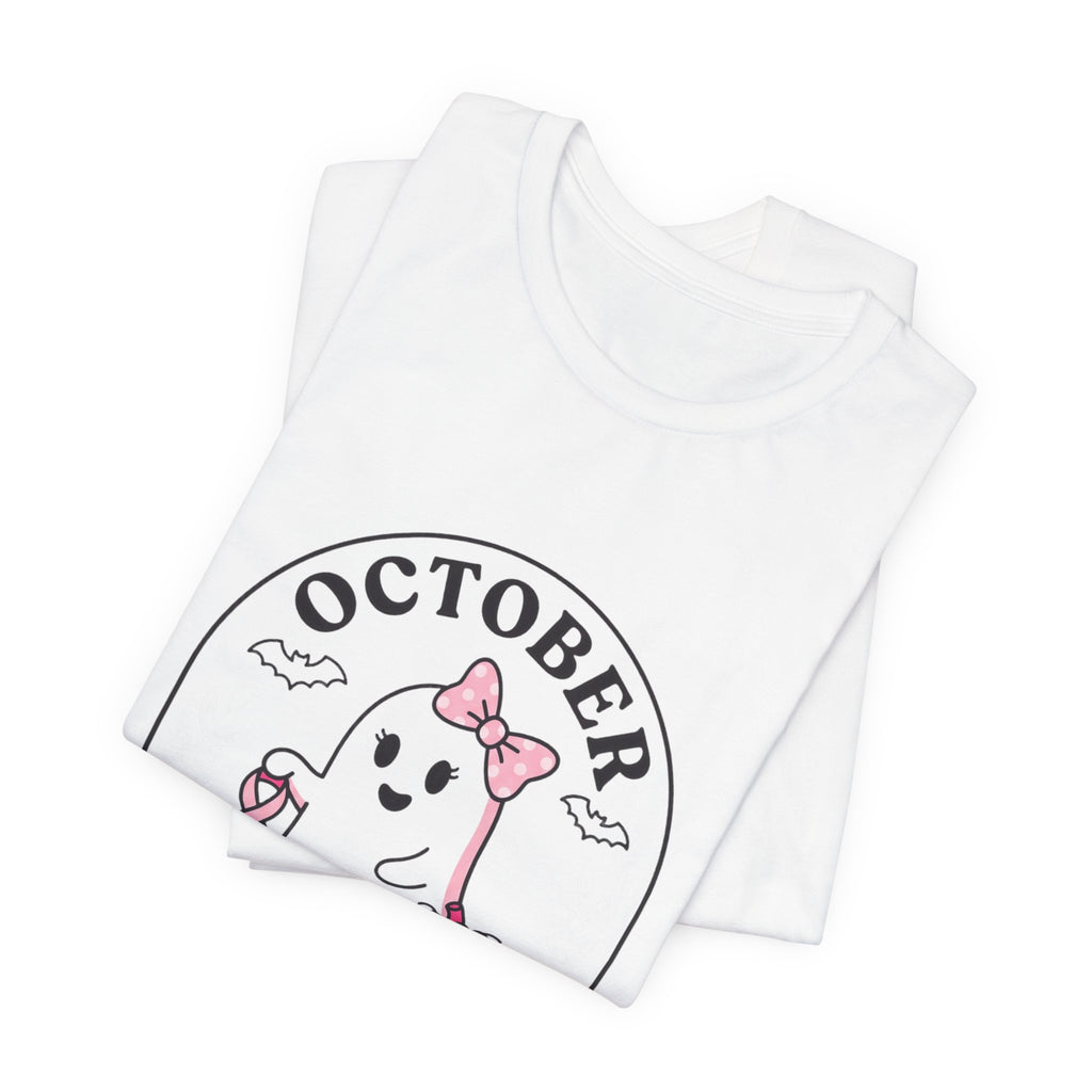 Pink Boo Crew October Ghost T-Shirt | Breast Cancer Awareness Ribbon