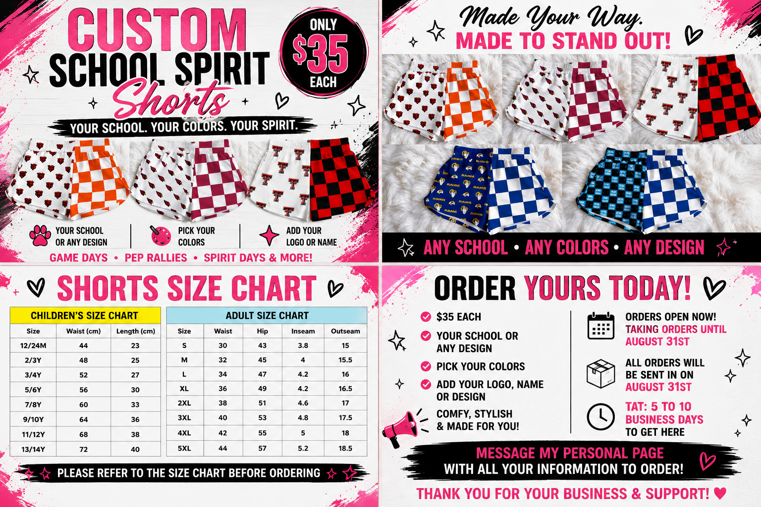 💕 CUSTOM SCHOOL SPIRIT SHORTS 💕
Create your own custom shorts for your favorite school, team, or ANY design you want!
✨ $35 EACH
Customize with: • School or team
• Your choice of colors
• Mascot or logo
• Name or custom design
